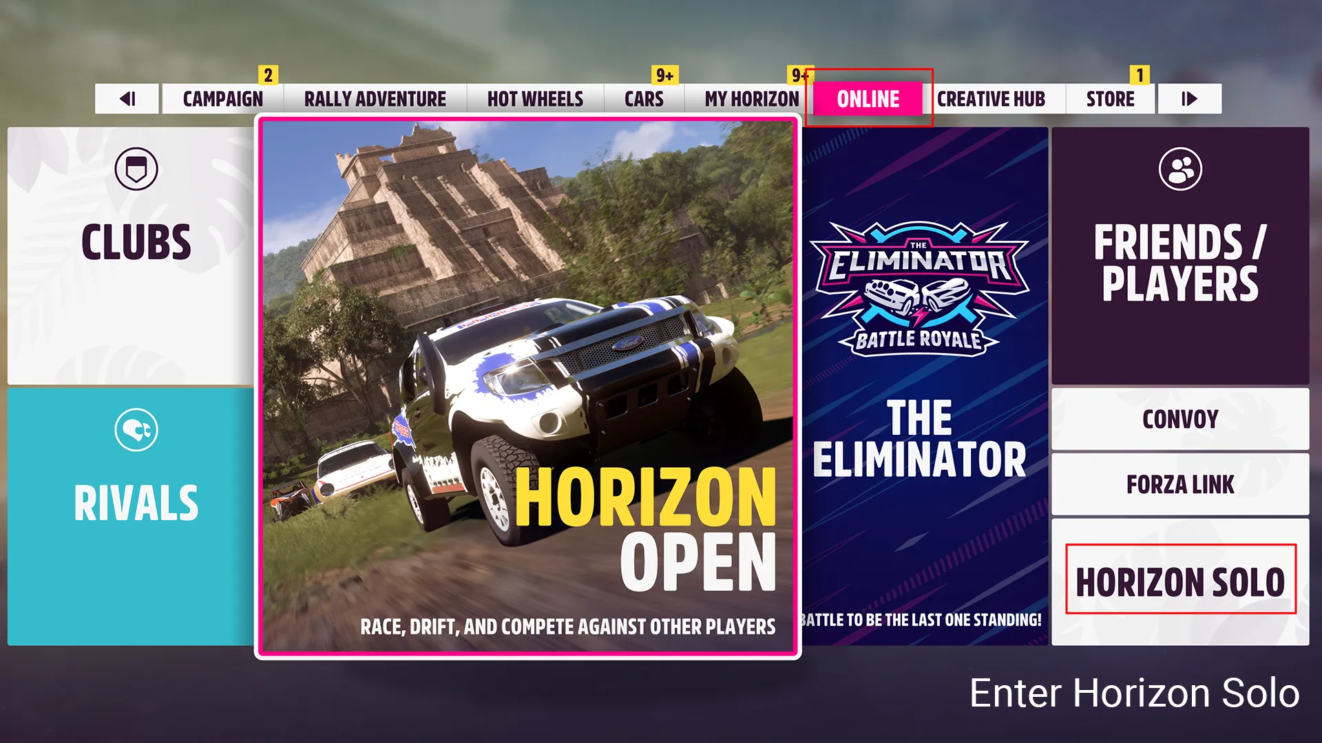 Open the Forza Main Menu and click on Online.