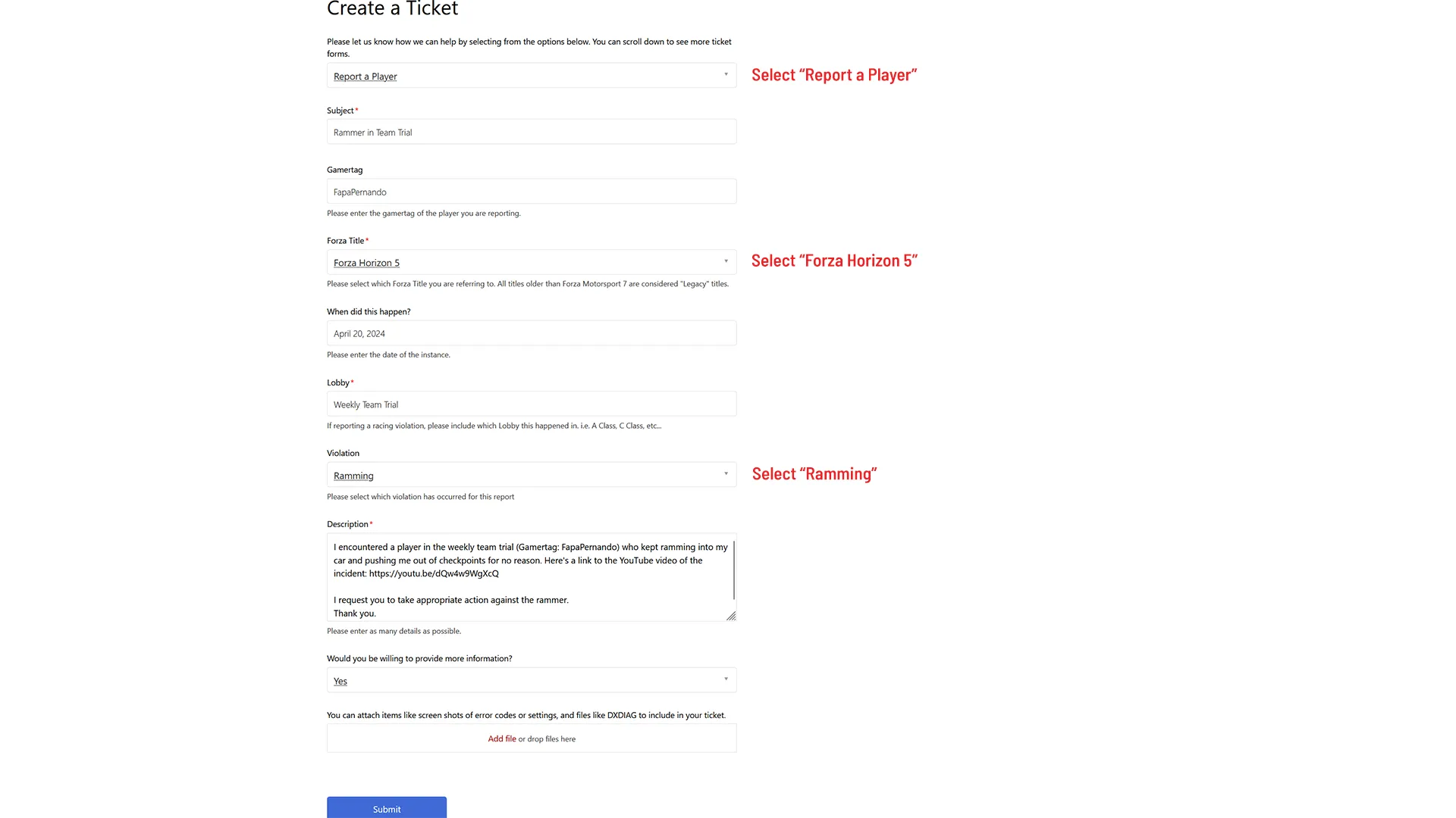 1) Fill out the player report form with relevant details such as their Gamertag, date of the incident, lobby (e.g., Team Trial or Horizon Open), and describe the incident in detail. 2) In the "Violation" dropdown, select "Ramming" 3) Include the link to the video you recorded in the description box.